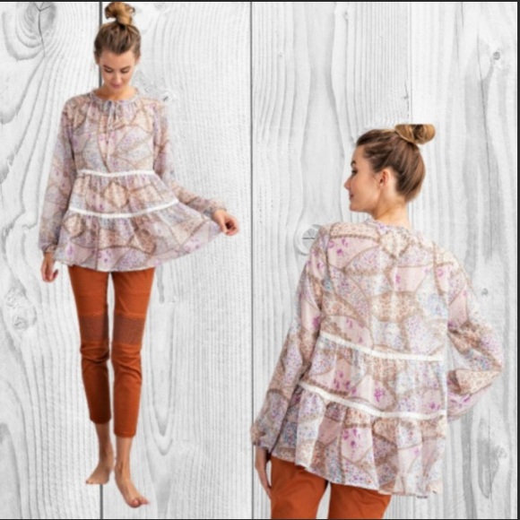 NWT Chiffon Layered Peplum Blouse/Peasant Top - Picture 2 of 5